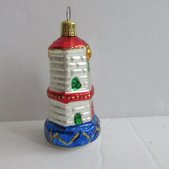 Gablonz Glass Art Austria Glass Lighthouse Christmas Ornament w/Glitter Red Blue - Picture 3 of 11